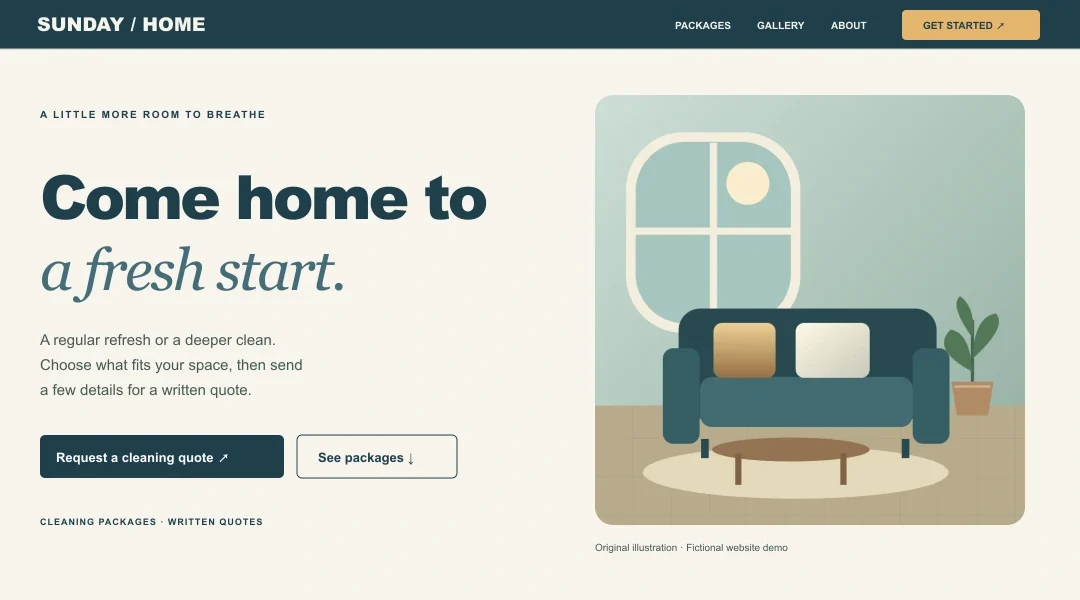 Cleaning website preview showing its navigation, headline and request buttons