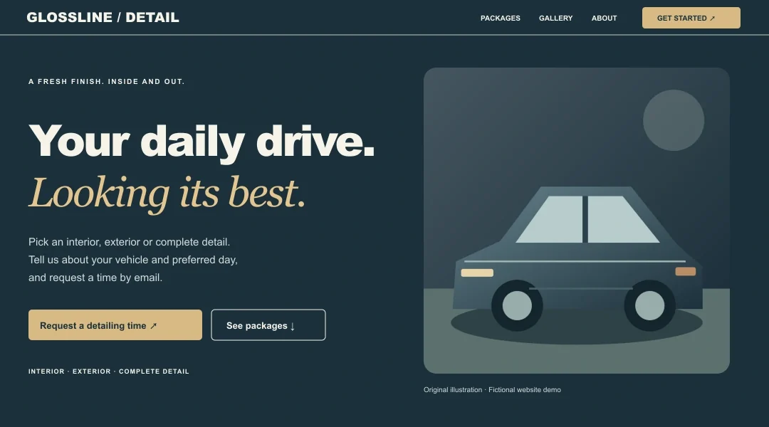 Detailing website preview showing its navigation, headline and request buttons
