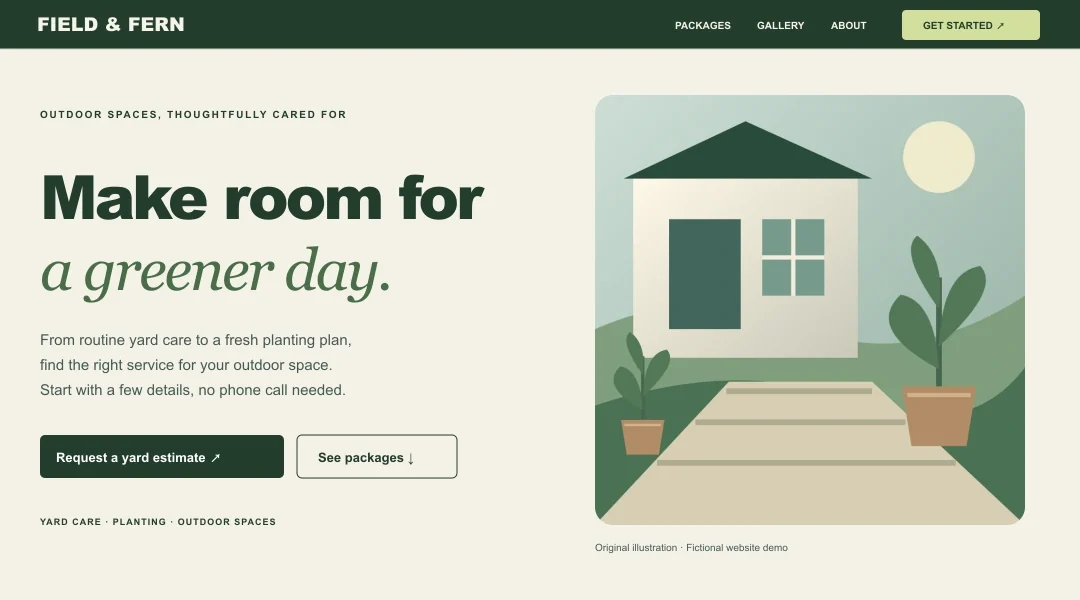 Landscaping website preview showing its navigation, headline and request buttons